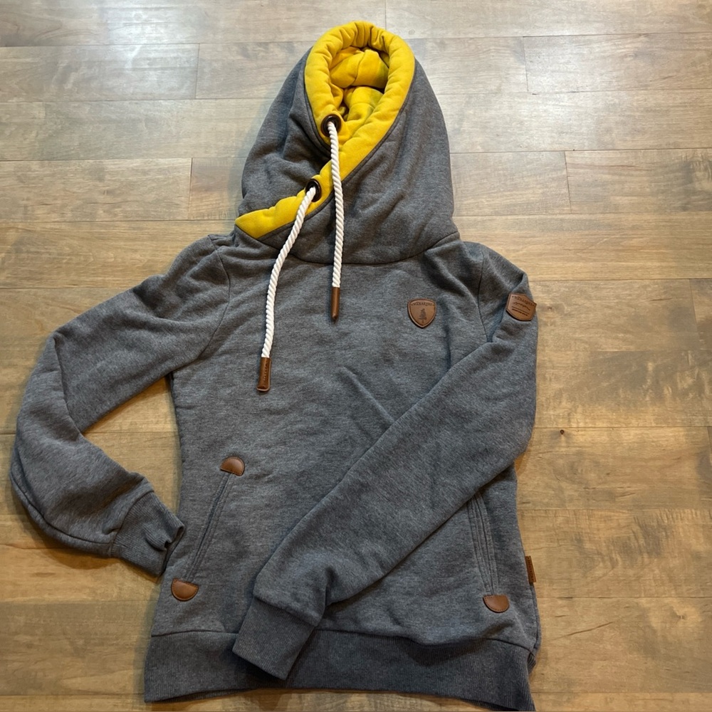 Wanakome Women's Hoodie Size S Thick Heavy Grey/Yellow Pullover Sweatshirt